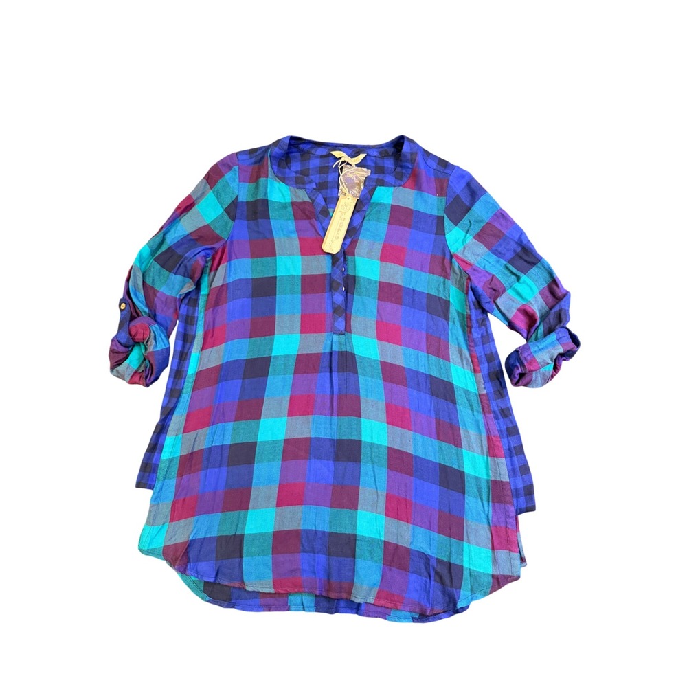 Khakis & Co Plaid Tunic Shirt Women's Blue Teal Burgundy Roll Tab Sleeve‎ Sz M